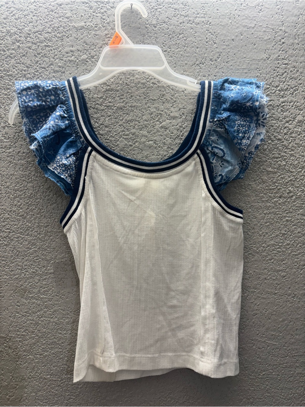 Anthropologie White Tank Top with Blue Floral Ruffle Sleeves - Picture 2 of 5